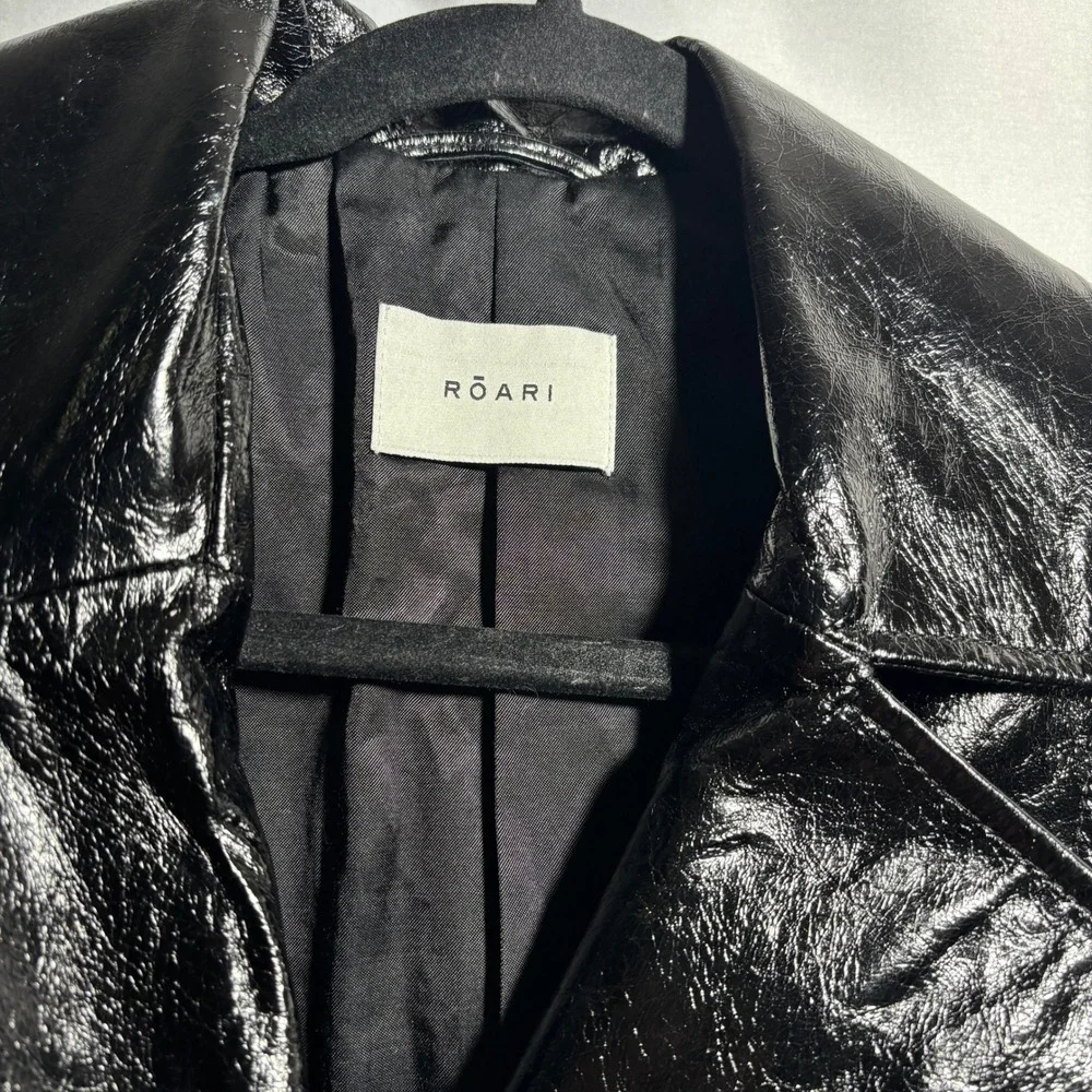 $980 ROARI‎ Kennedy Trench Black Glazed Cow Leather Womens S Belted NYC USA Made